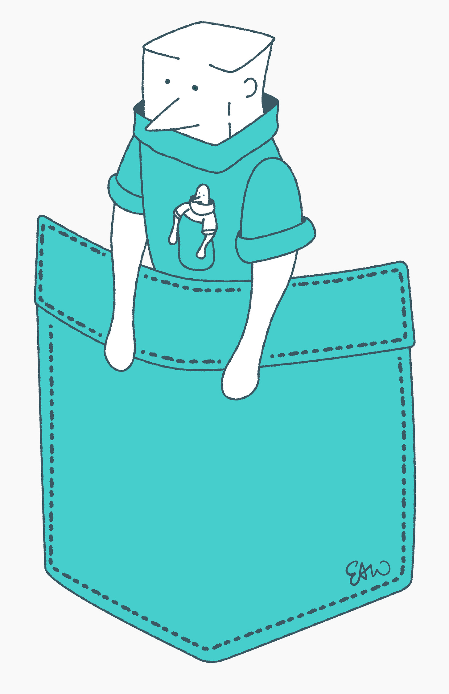 Illustration of a character inside a pocket with arms dangling out. The character also has a person inside their pocket, creating a nested-doll effect.