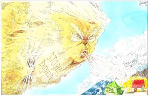 Donald Trump as a storm cloud clutching lightning bolts labelled ‘Tariffs’ blowing a gale which is destroying buildings labelled ‘WHO’ and ‘Paris Climate Accord’ and freezing a ‘Davos’ sign. The storm cloud is labelled ‘Storm Trump’., panel 1