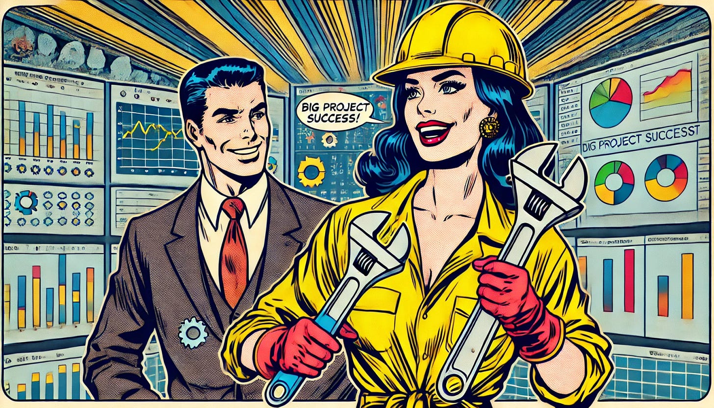 A vintage comic book style scene inspired by classic X-Men comics. A female data engineer, wearing a yellow construction helmet, holds a large wrench in each hand. She is smiling and talking animatedly with a male businessman in a suit and tie. They are celebrating a big project success in a dynamic, modern office filled with computer screens showing colorful dashboards. The characters have realistic proportions, expressive, heroic poses, and detailed faces. The art style features bold black ink lines, flat but vivid retro colors, halftone textures, and dramatic shading. The overall tone is energetic, heroic, and vintage, with a 3:2 aspect ratio.