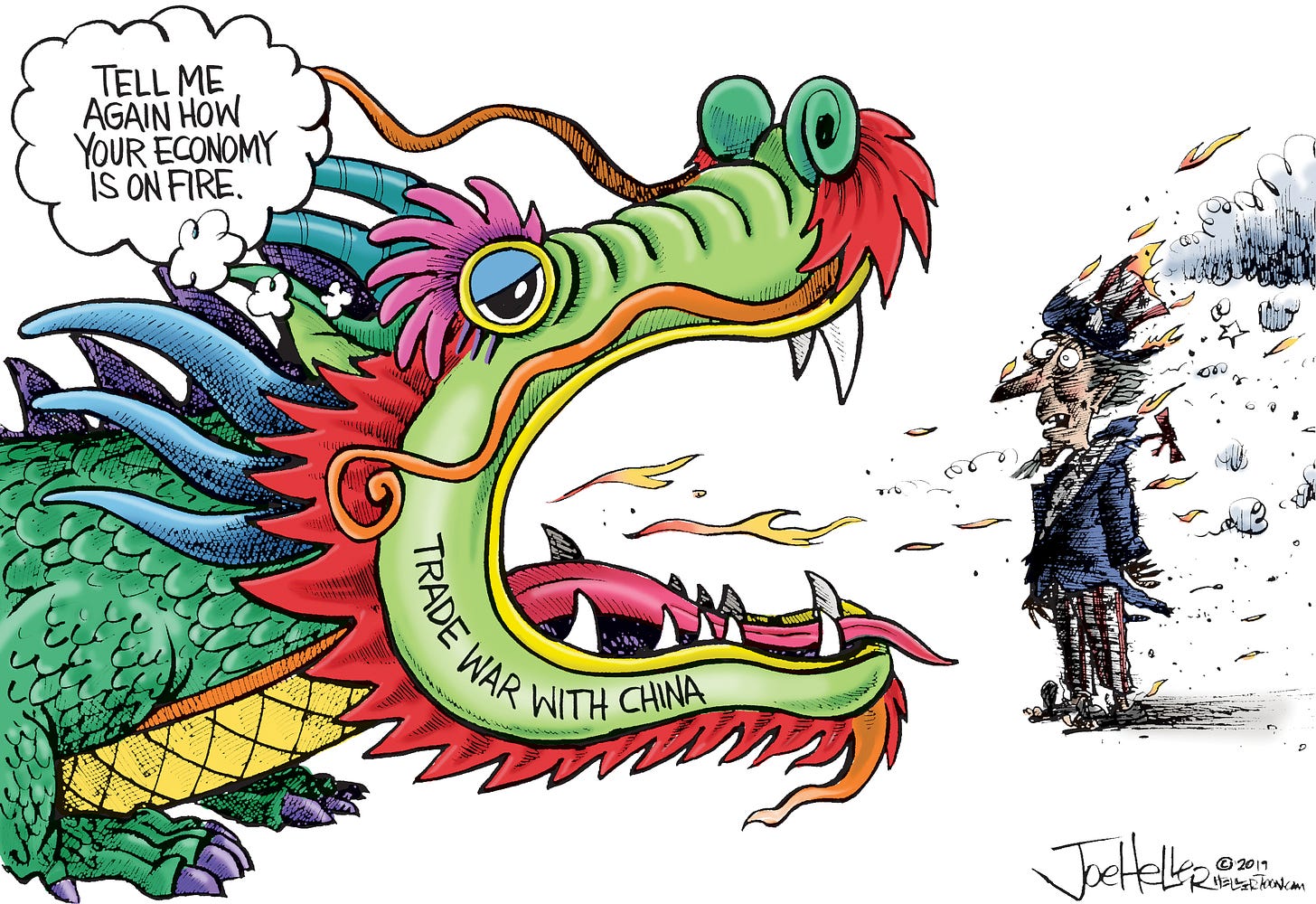 Political Cartoon U.S. Trump trade war with China economy on fire | The Week