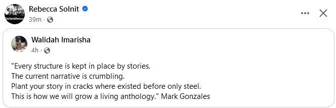 Rebecca Solnit, Walidah Imarisha: "Every structure is kept in place by stories. The current narrative is crumbleing. Plant your story in the cracks where existed before only steel. This is how we will grow a living anthology." Mark Gonzales