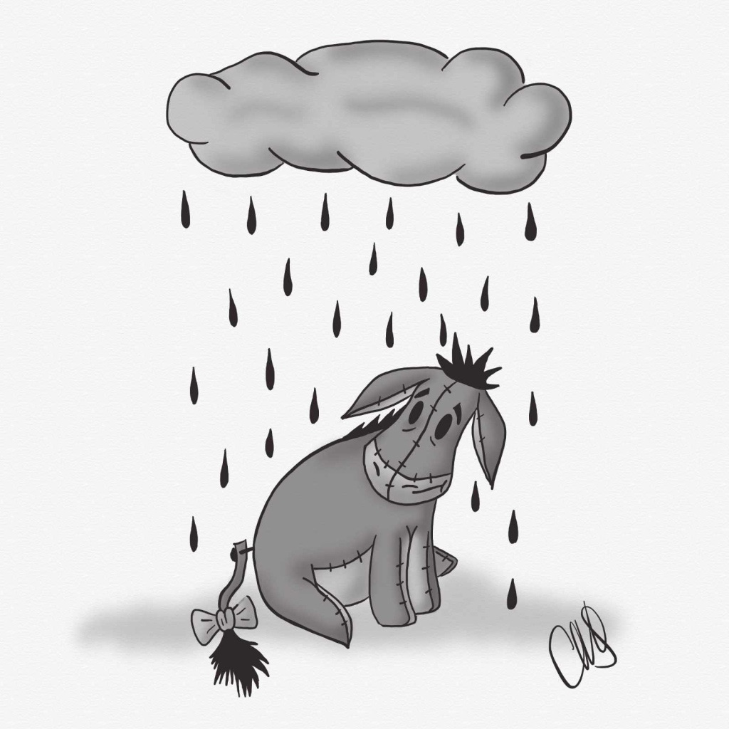 Black and white digital drawing of Eeyore from Winnie the Pooh. He is sitting looking sad under a rain cloud.