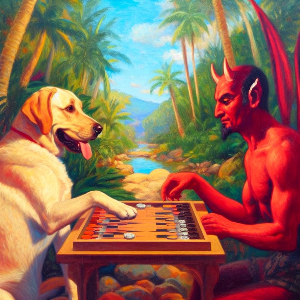 “A golden labrador plays backgammon against the Devil with the tropical jungle as a background. Impressionist style.”