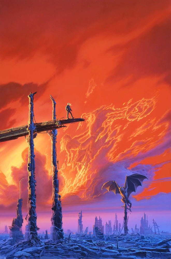 A solitary figure stands at the edge of a ruined overpass staring down at a bat demon perched on a spire amid the ruins of a city. Everything at ground level has been reduced to rubble as painted in cool blues and purples. On the horizon, broken stubs of buildings are set against a pink and purple sunset. Above low lying clouds, the sky turns red. Highlighted in yellow, the clouds take the form of a rider on motorcycle with one arm thrown back and mouth open in a scream as he tears upward from the horizon.