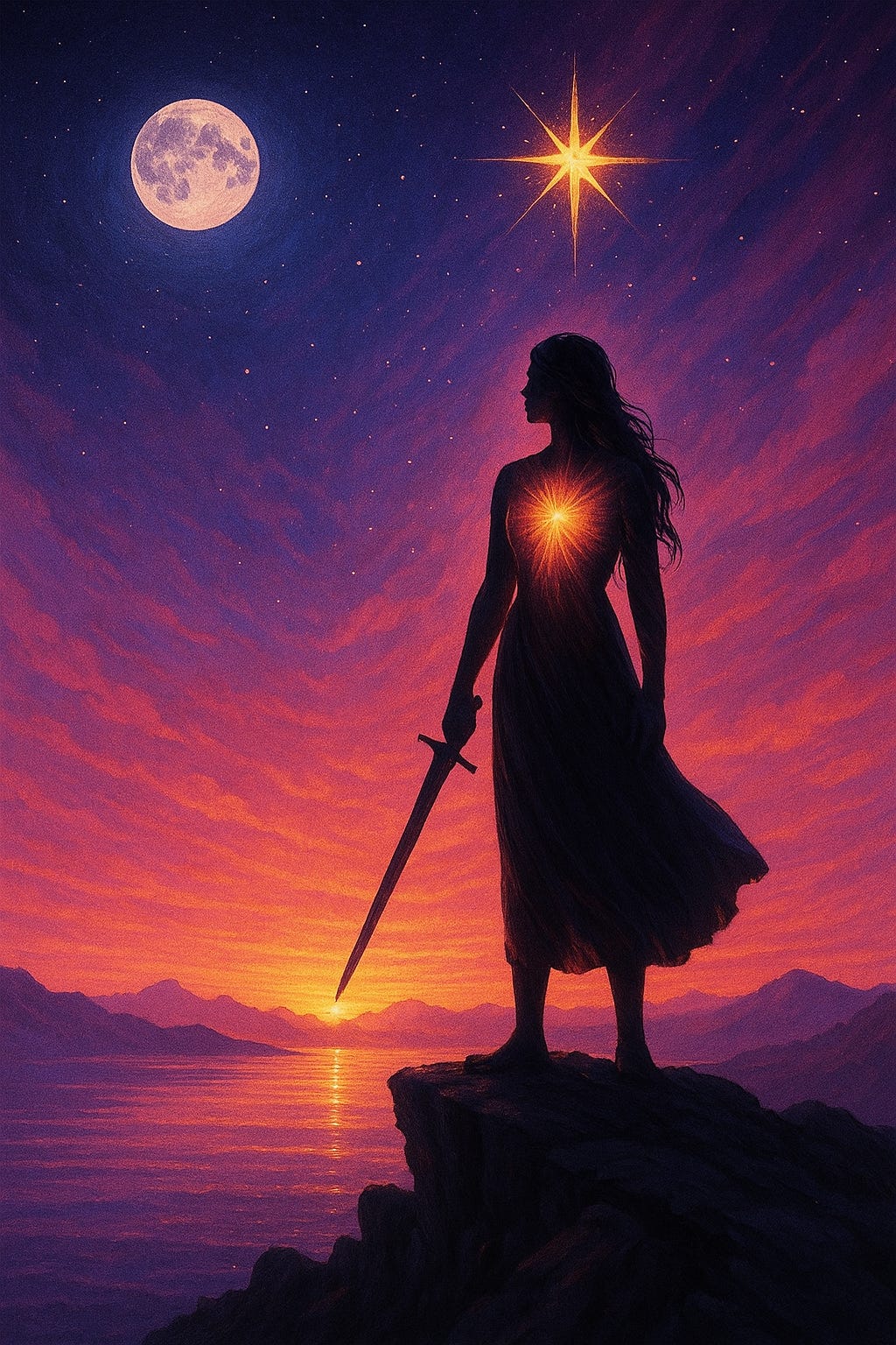 A lone feminine figure glowing with inner fire stands at the edge of a moonlit sea, surrounded by pink, purple, and gold light, representing Venus in Aries as sacred confrontation and self-defined value.