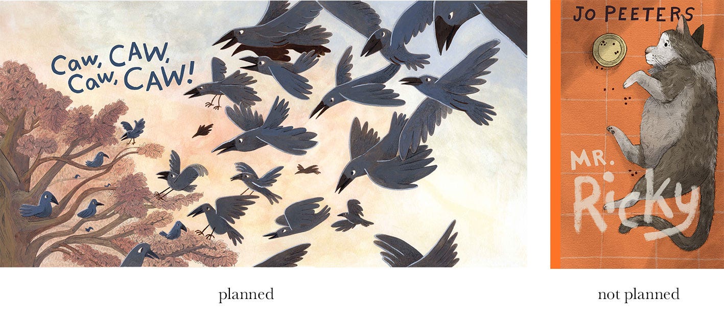 a planned illustration of crows from "birds have a lot to say" and an unplanned illustration of a book cover with a cat on it by Kayla Stark