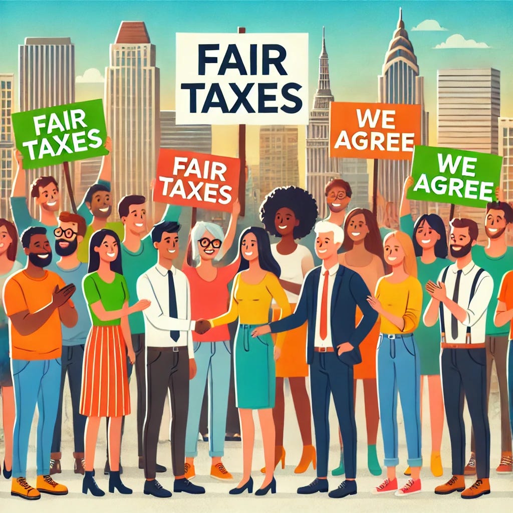 A diverse group of people standing together, smiling and shaking hands in agreement, with a backdrop of city buildings. They hold signs that say 'Fair Taxes' and 'We Agree' in colorful, bold letters. The scene is bright and positive, emphasizing unity and cooperation.