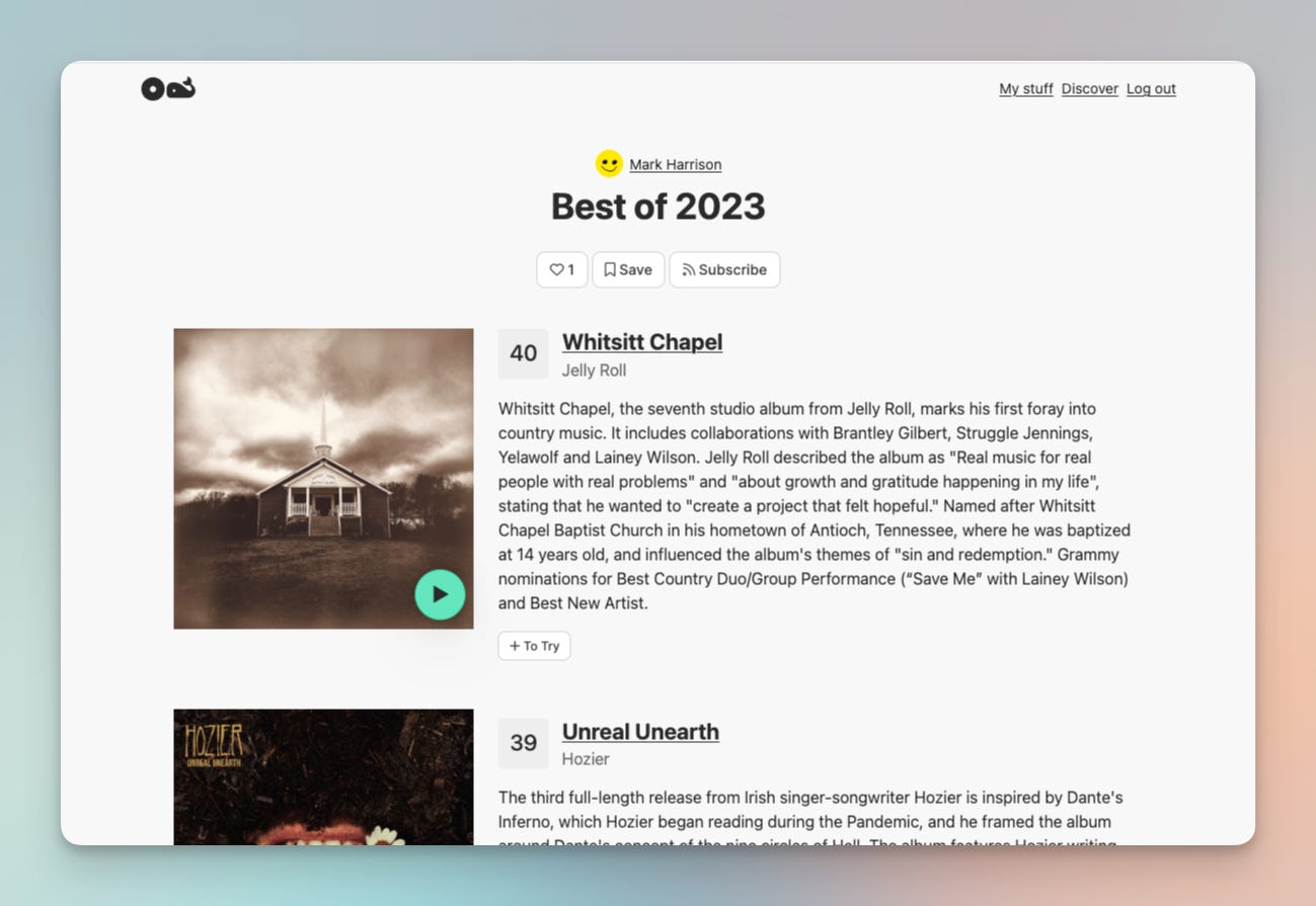 Album Whale album list by Mark Harrison entitled Best of 2023