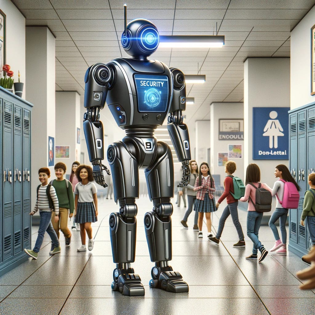 A futuristic digital drawing depicting AI security at a school, featuring an advanced security robot patrolling the school corridors. The robot is designed with sleek, modern lines, suggesting high technology and efficiency. It should be equipped with non-lethal security measures, indicated by visible sensors and communication devices, emphasizing a focus on safety and surveillance rather than intimidation. Students and teachers are seen interacting with the robot in a positive and welcoming manner, highlighting the integration of AI into a supportive educational environment. The school setting should include elements like lockers, classrooms, and educational posters on the walls, creating a believable and relatable context.