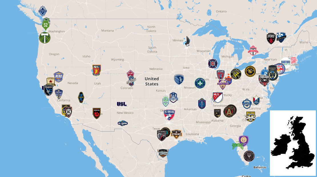 Map of MLS and USL Championship team locations, British Isles for scale : r/ soccer
