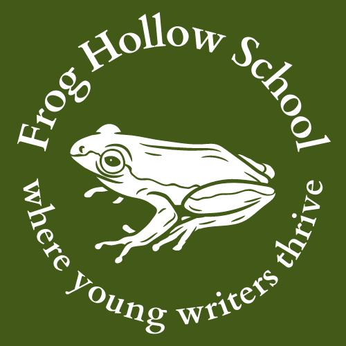 White words around a white frog on a green background: Frog Hollow School, where young writers thrive