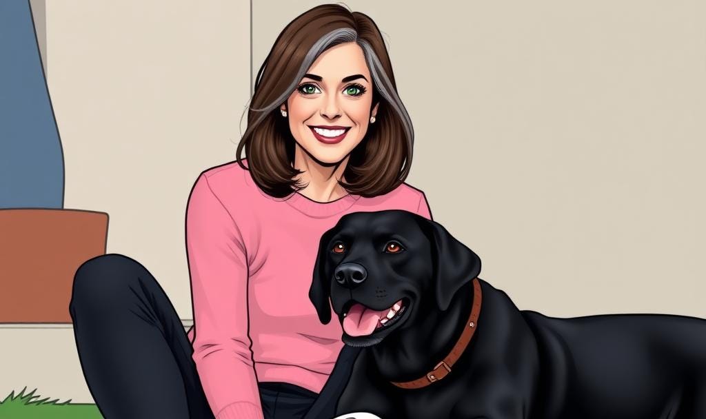 A midlife woman and a happy black labrador dog