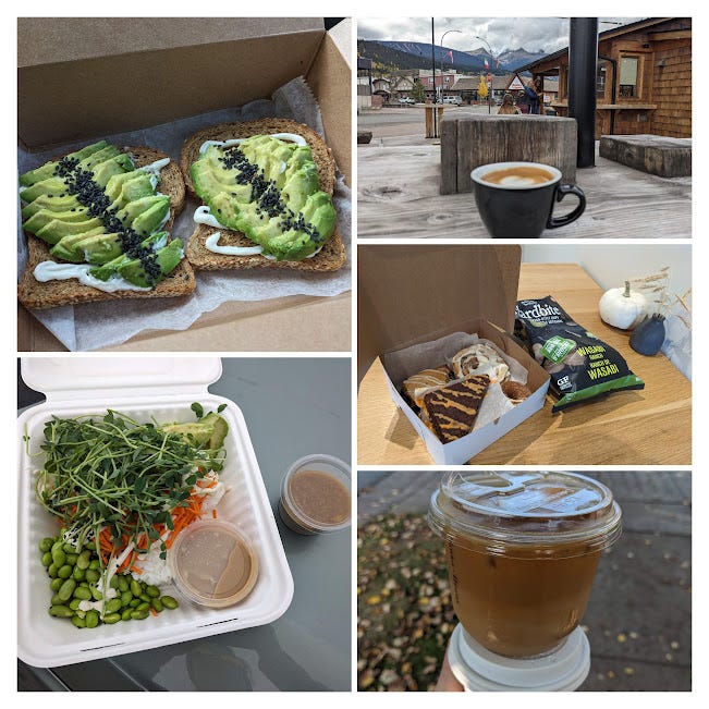 photo quintet of avocado toast, coffees, sushi bowl, vegan pastries and oatmilk cortado