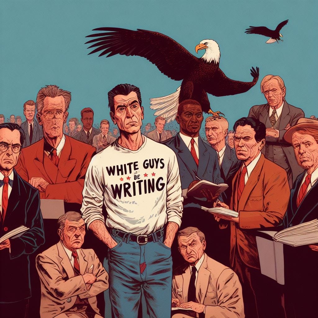 White Guys Be Writing or the Great American Novel, satire, digital art