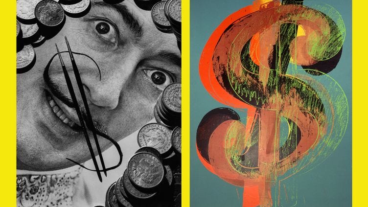 Philippe Halsman "Dalí, Why do you paint ? Because I love art" 1954 Photomontage 35x27cm et Andy Warhol "Dollar Sign" 1981 Acrylique sur toile 278 x 178 cm Musée d’art moderne et d’art contemporain (MAMAC), Nice Muriel Anssens/Mamac Nice (PHILIPPE HALSMAN ESTATE 2023, IMAGE RIGHTS OF SALVADOR DALI RESERVED FUNDACIO GALA -SALVADOR DALI - THE ANDY WARHOL FOUNDATION FOR THE VISUAL ARTS, INC. /LICENSED BY ADAGP, PARIS, 2023)