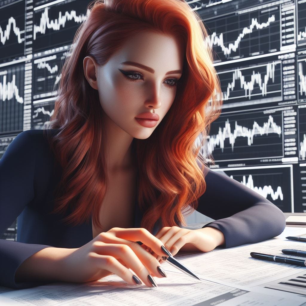 A photo-realistic image of a beautiful redheaded woman analyzing stocks to decide which earnings trades to place this week