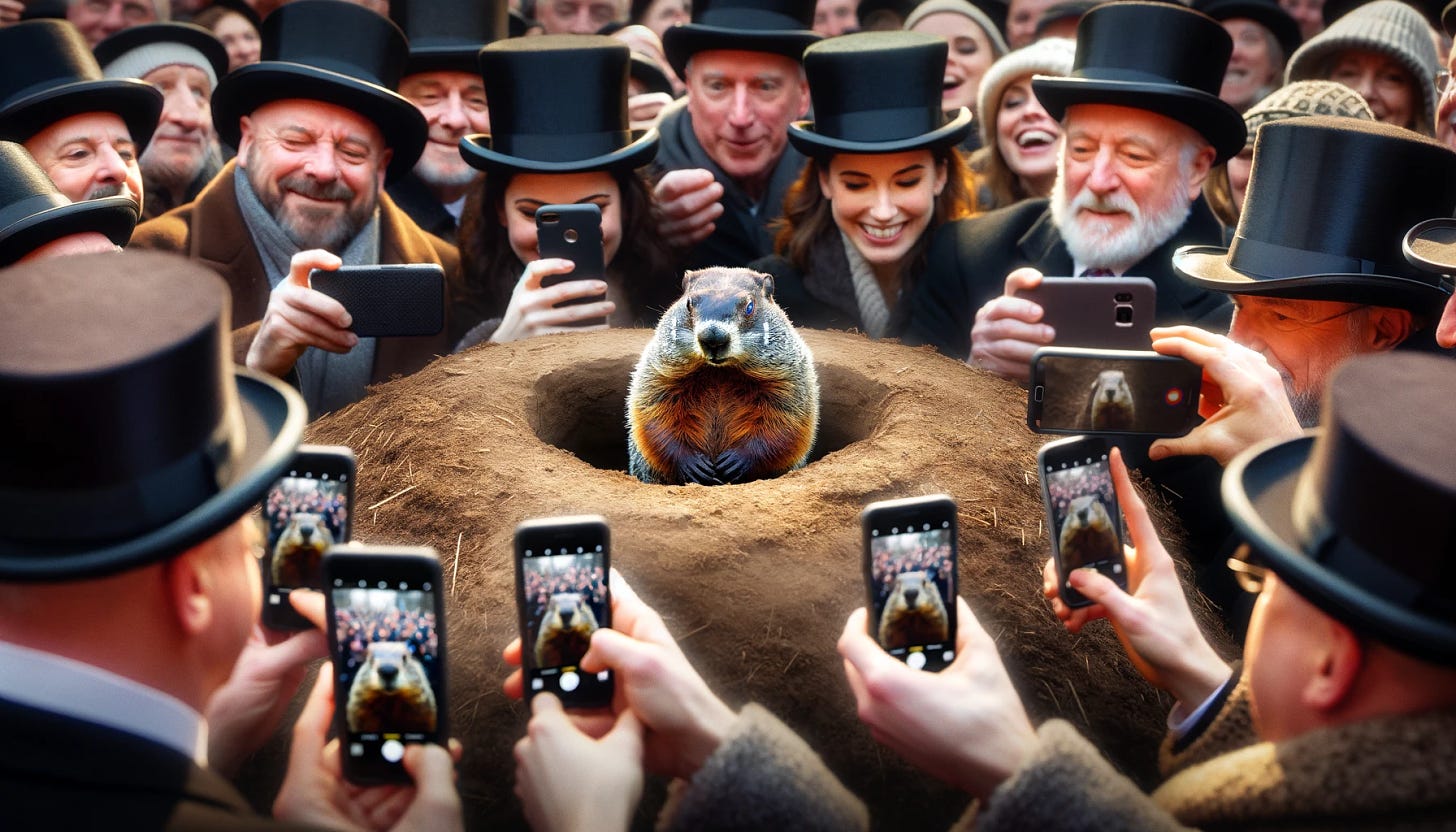 A horizontal scene of a groundhog emerging from its burrow on Groundhog Day, center stage, with people wearing traditional top hats surrounding it. The crowd, excited and eager, uses their smartphones to capture the moment, trying to document whether the groundhog sees its shadow or not. The atmosphere is festive, with a clear focus on the groundhog as the main subject, and the mix of modern technology with an age-old tradition creates a unique juxtaposition.