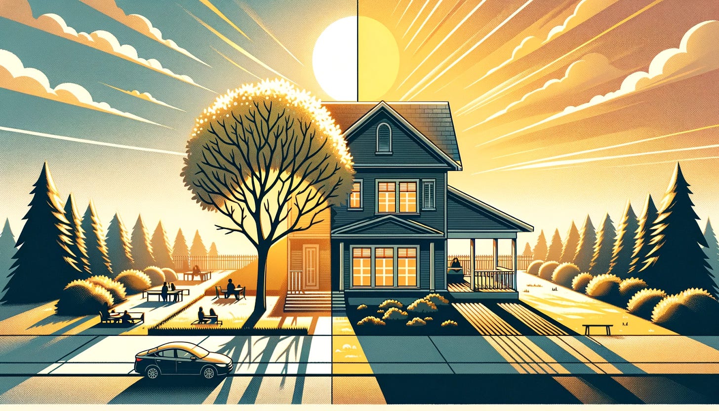 Create a simple, text-free infographic using line drawings to depict the effect of shadow casting in aerial photography for real estate. The graphic should clearly show a tree casting a long shadow across the front of a house during the golden hour, capturing the warm, appealing aesthetic. Contrast this with a scene of the same tree and house under the midday sun, where the shadow is short and directly beneath the tree, potentially obscuring important features of the house. The focus should be on demonstrating the visual impact of the sun's angle on the presentation of property features without the use of annotations or textual explanations.