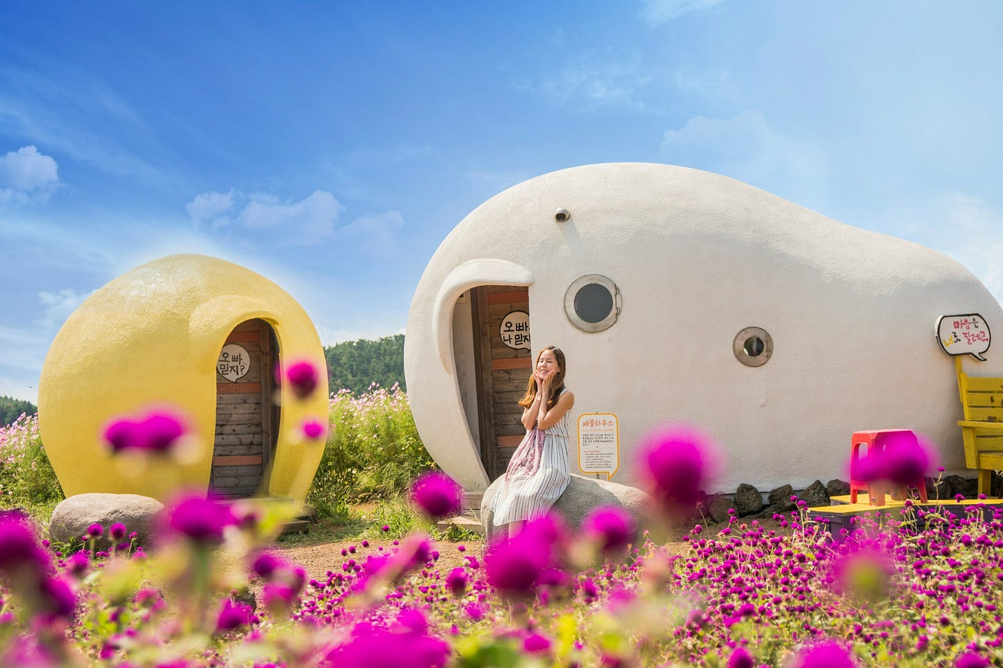 woman sitting in front of white and brown rock house surrounded with purple flowers under blue sky