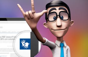 Avatar Hugo do Hand Talk, homem de óculos de grau, camisa branca e gravata azul, fazendo um sinal de libras