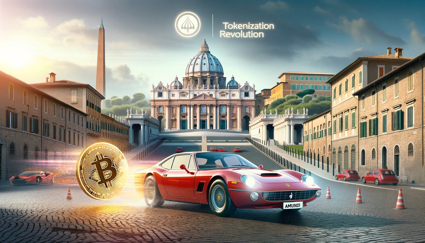 Photo of a scenic Italian backdrop with classic architecture. In the foreground, a sleek Ferrari is transitioning into a digital token, symbolizing the transformation from physical luxury to digital asset. Above, the logo of Amundi hovers, and the words 'Tokenization Revolution' shine brightly.