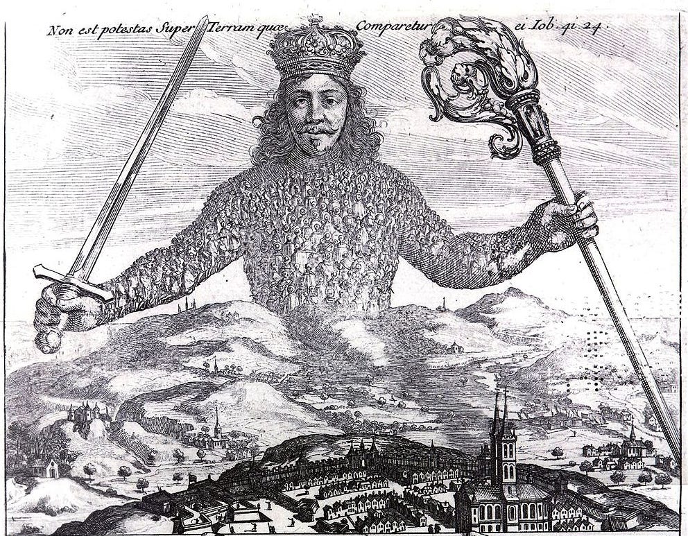 Frontispiece for Hobbes' Leviathan, with its famous image of a giant man wearing a crown, bearing a sword, and made up of all the living members of society.