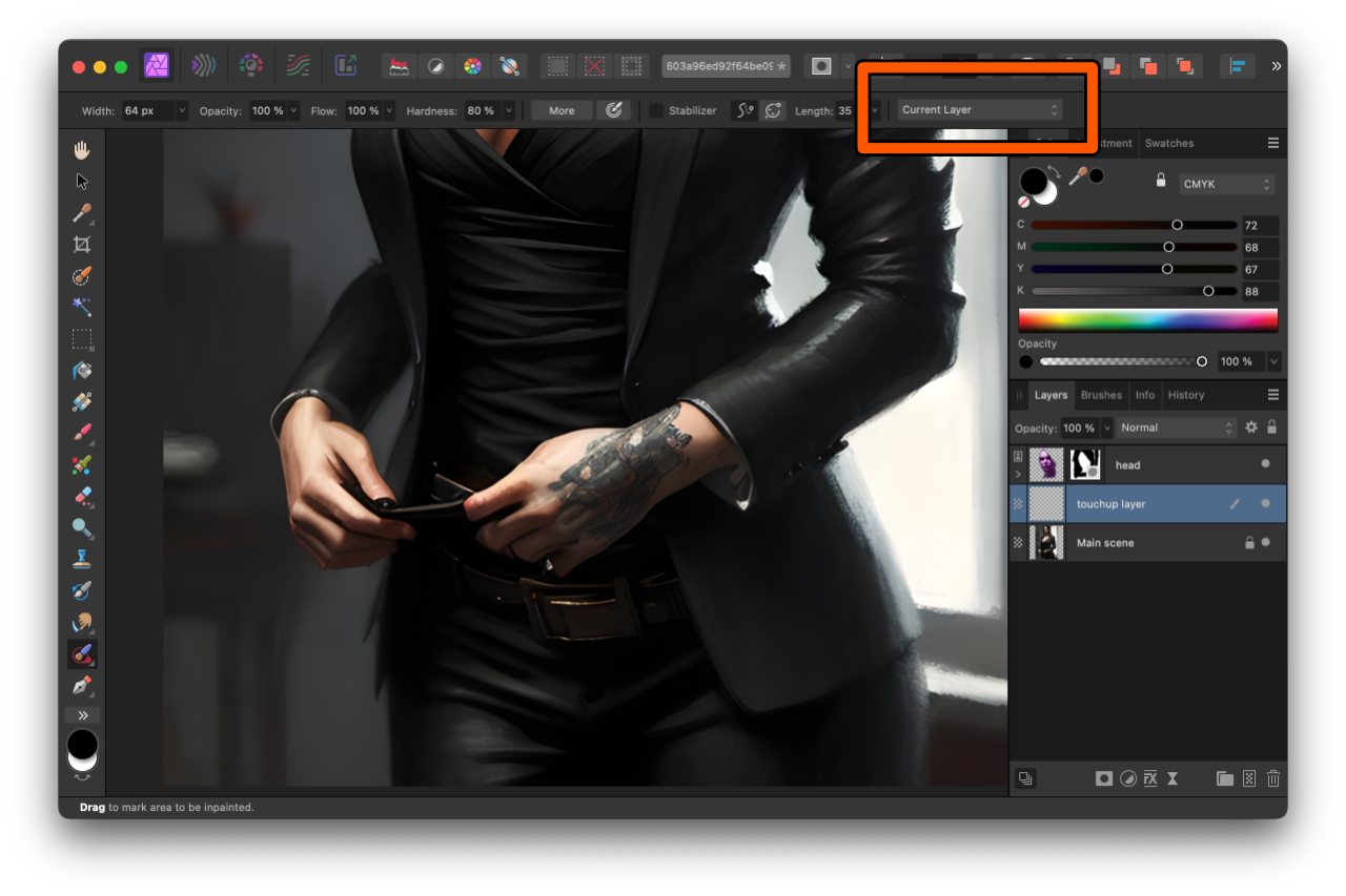Drop down menu for selecting layer to influence inpaint tool. Allows for non-destructive touchups.