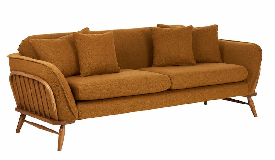 modernised studio couch for john lewis with gold cushions sat within a wooden frame