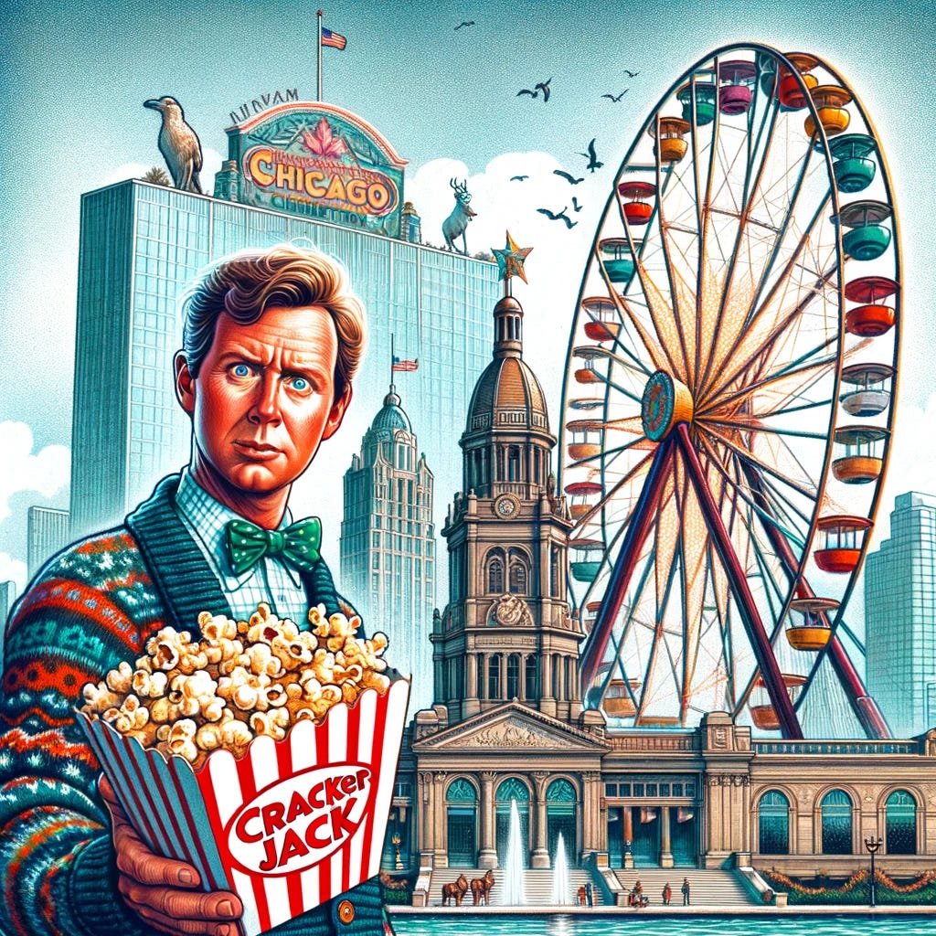 A whimsical illustration showing a man resembling Clark Griswold from the movie 'National Lampoon’s Christmas Vacation', holding a box of Cracker Jack popcorn. The setting is outside the 1893 World's Columbian Exhibition in Chicago, featuring a giant Ferris Wheel in the background, symbolizing the fair's innovation. Next to it, the iconic Chicago City Hall stands prominently. The scene captures a mix of historical and cinematic nostalgia, blending elements of comedy and history in a colorful and engaging composition.