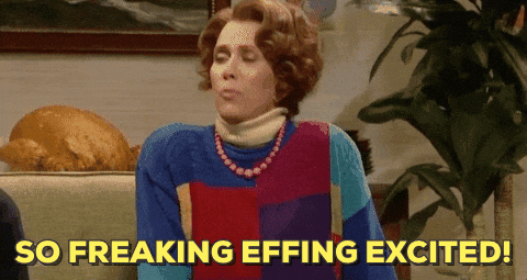 A GIF of Kristen Wiig in character in a "Saturday Night Live" sketch. She moves her body around is saying "So freaking effing excited!" 