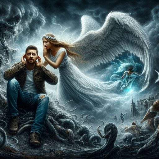 image of a man in danger and his beautiful guardian angel who is whispering aid and comfort to help him, but he cannot see the angel
