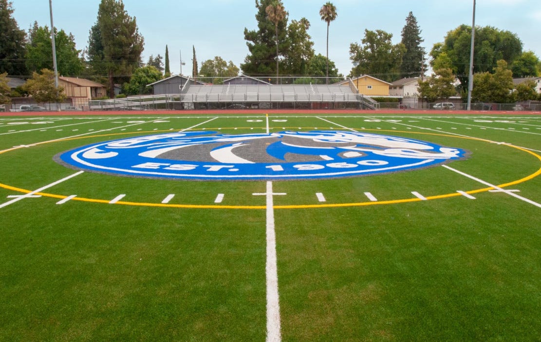 Football field with logo in center
