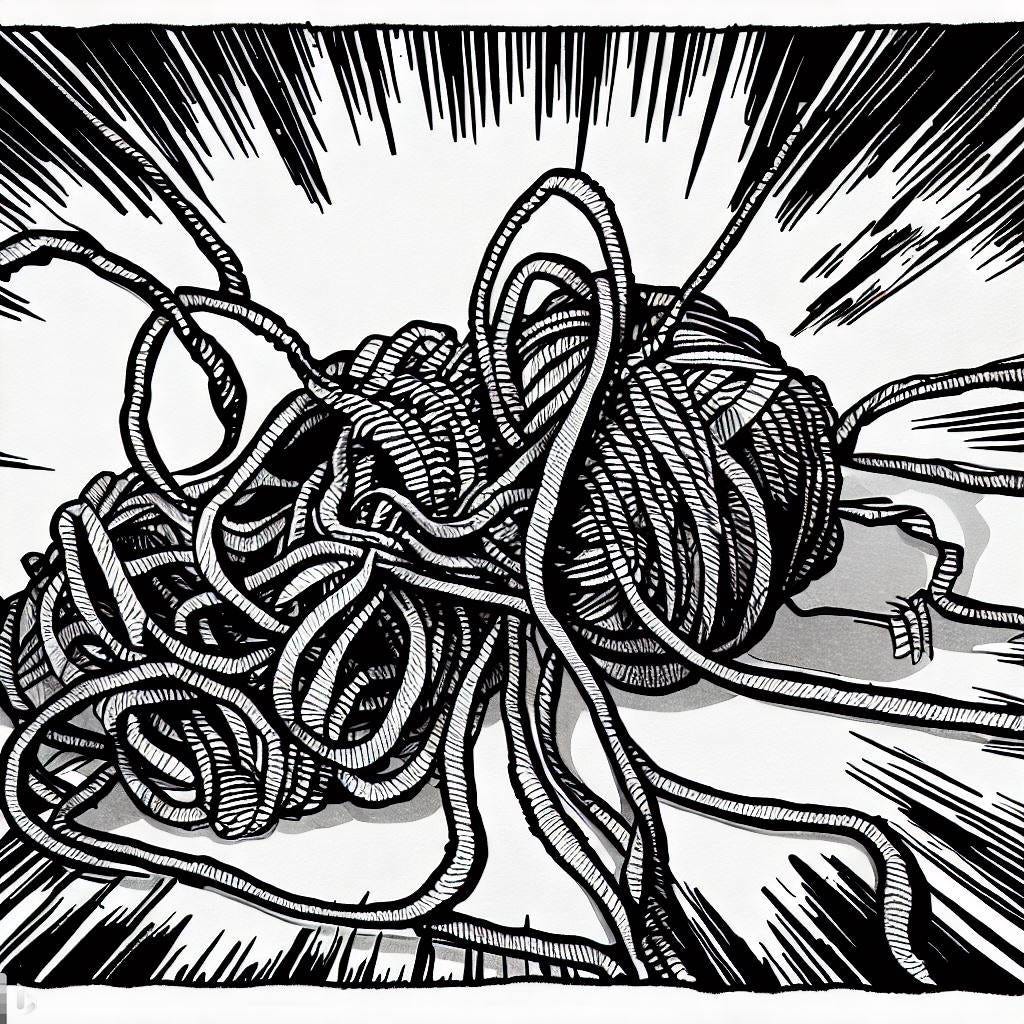 A picture of frayed, disconnected, untangling threads, comic style, in black and white