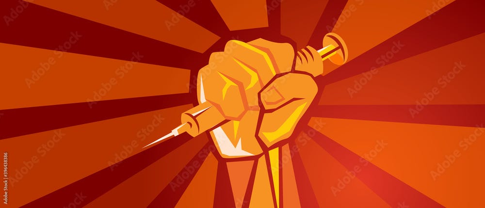 covid-19 vaccination poster hand holding vaccine syringe symbol of fighting  pandemic red background design Stock Vector | Adobe Stock