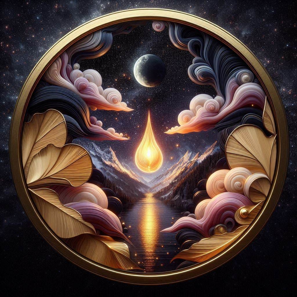  5d angle glass leaf with with a small fire in it over image of  Birchwood/rosewood AI making an image of itself.  black and purple starry night/ water in resin/soft, beautiful/honey-wood and copper/Marquetry,verdigris. mountain / fluffy cloud floating low in foreground / honey-gold-swirl/surrounded by copper leaves.REFLECTED/ Inspired by style of Jeffrey Catherine Jones /swirling clouds under moon.black starry sky / love/ bliss