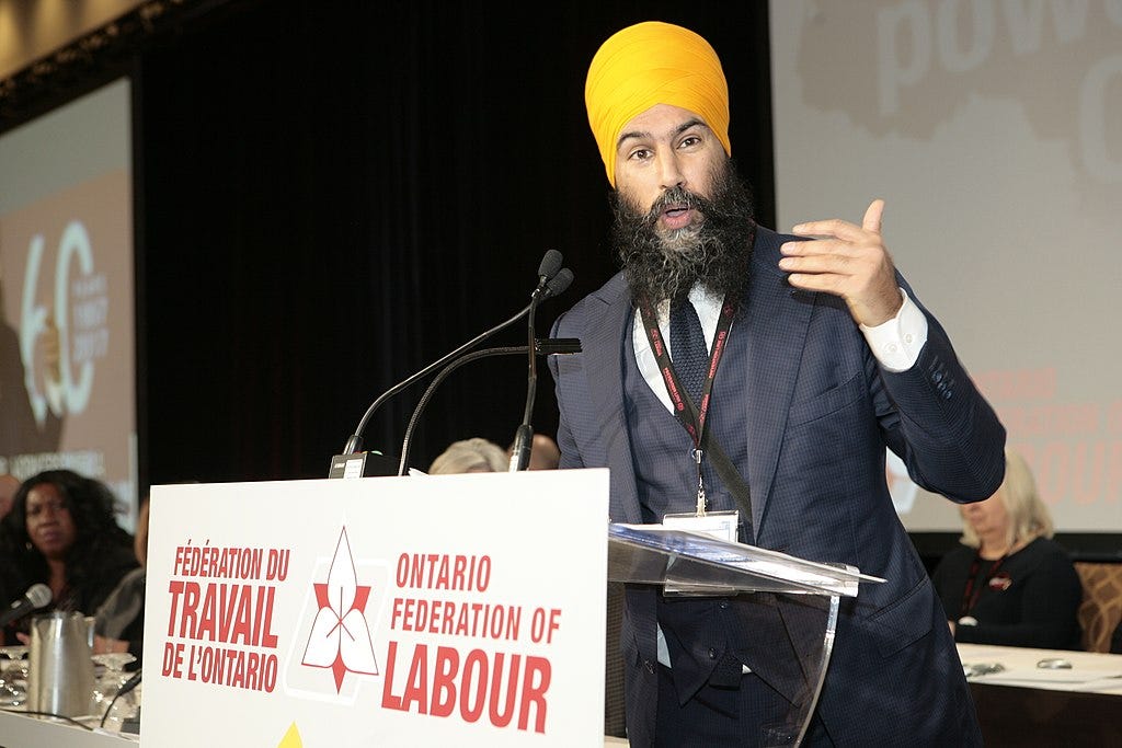 NDP Leader Jagmeet Singh speaking at an event held by the Ontario Federation of Labour