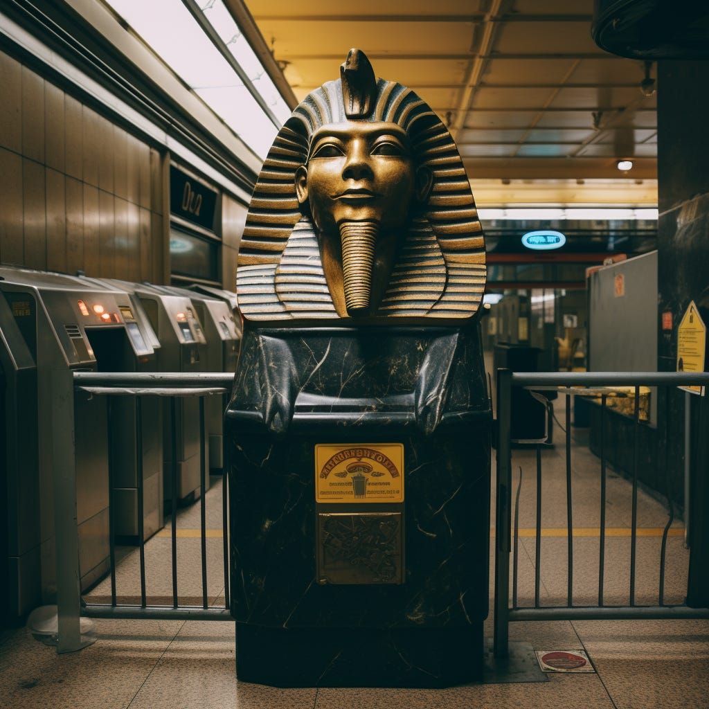 Sphinx sitting in front of a New York City turnstile