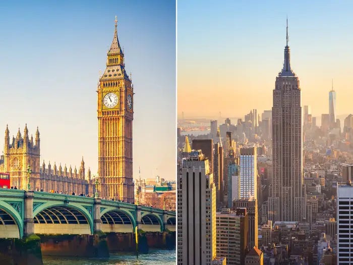 Side by side image of London and New York City