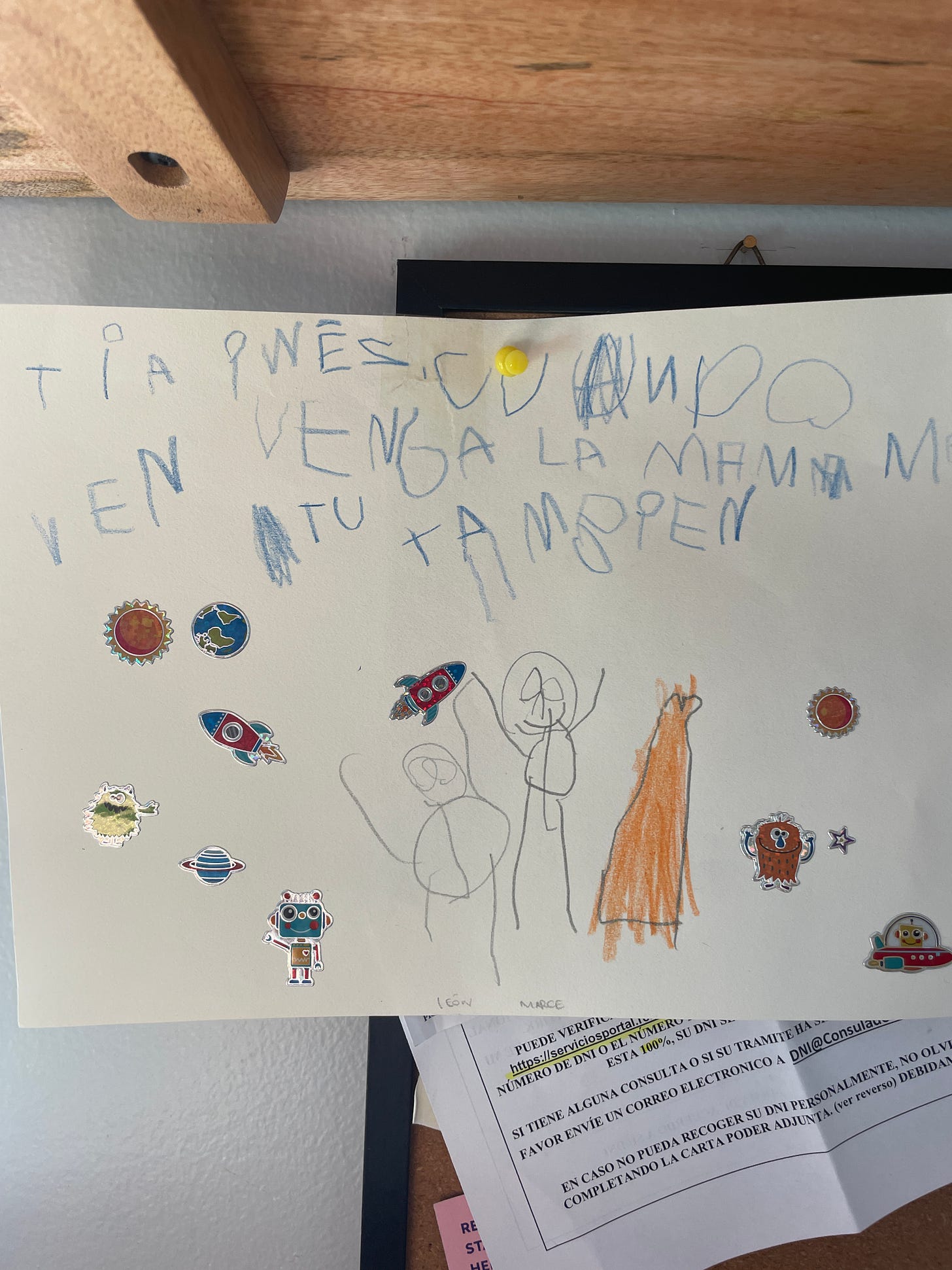 Get well card showing two kids, lots of space-themed stickers and a message asking me to go back to Lima