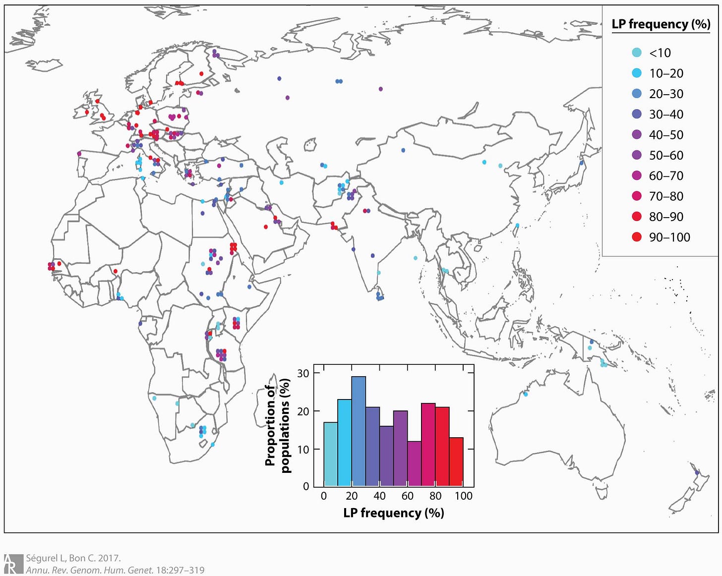 A map of Africa, Europe, and Asia with around fifty populations indicated by their geographic locations with a colored dot indicating the local frequency of lactase persistence. A map of Africa, Europe, and Asia with around fifty populations indicated by their geographic locations with a colored dot indicating the local frequency of lactase persistence.