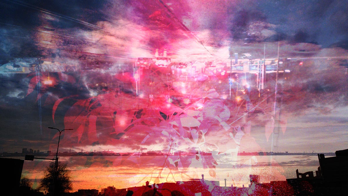 Digital collage in hues of pink, purple and orange, depicting an ocean behind a black city silhouette, with an overlay of red plant leaves and a road leading towards the distance