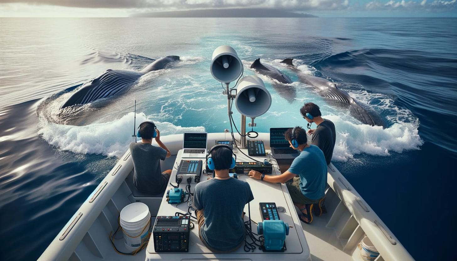 A team of scientists on a boat in the ocean, using an underwater speaker to play recorded humpback whale calls. The ocean is calm, and the scientists are attentively monitoring their equipment, with a sense of excitement and anticipation. The boat is equipped with various scientific instruments and computers. The weather is clear, and the scene is set in daylight.