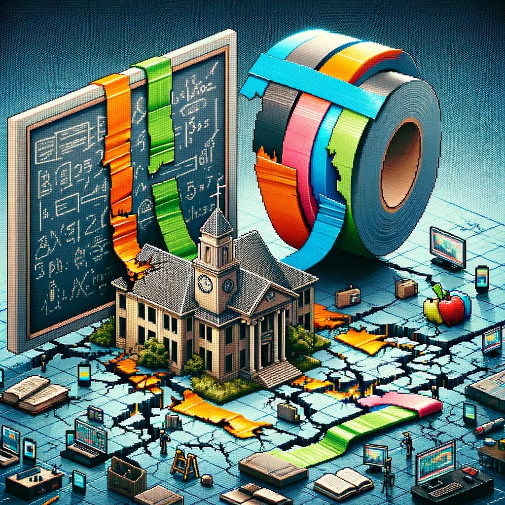 Create a pixelated image depicting digital duct tape being used to hold together parts of a broken education system. The scene is set in a virtual environment, with visible cracks and breaks in digital representations of educational elements such as schools, books, and computers. The digital duct tape is brightly colored, contrasting sharply with the muted, damaged background, symbolizing a temporary and makeshift solution to deeper systemic issues. The image should evoke a sense of urgency and makeshift repair in a digital world, highlighting the contrast between the quick fixes and the underlying problems in the education system.