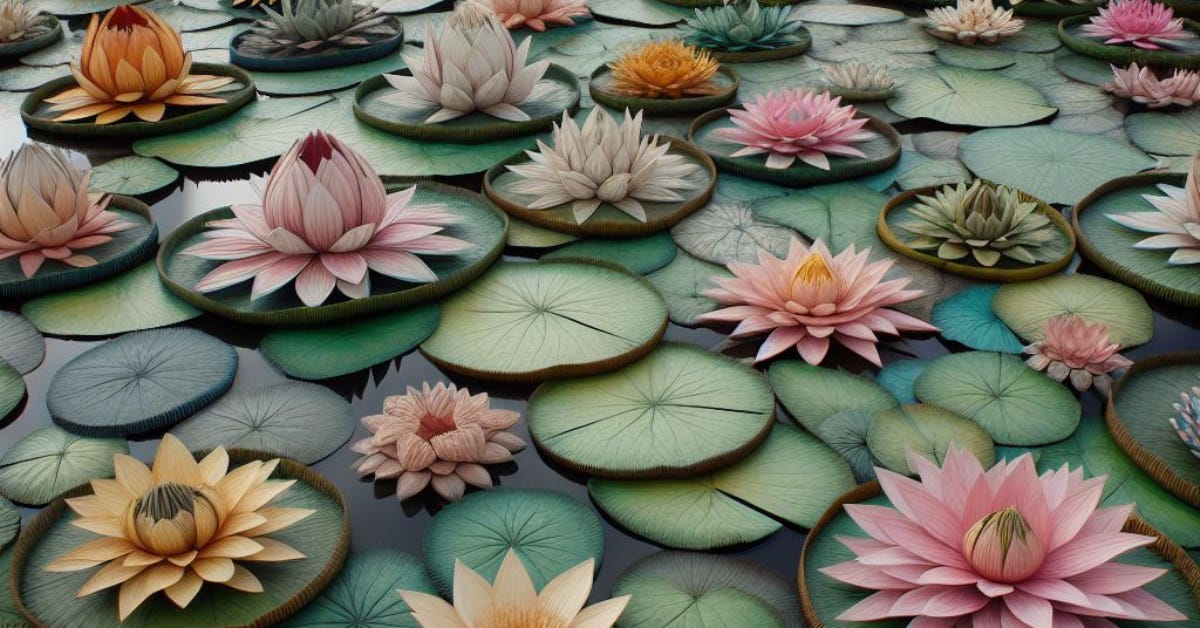 Lily pads on a pond in a paper mache style, generated by Microsoft Designer