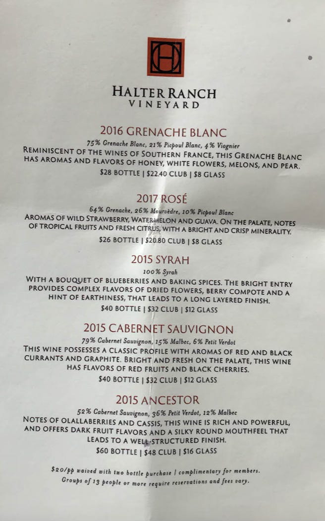 Halter Ranch wine tasting list