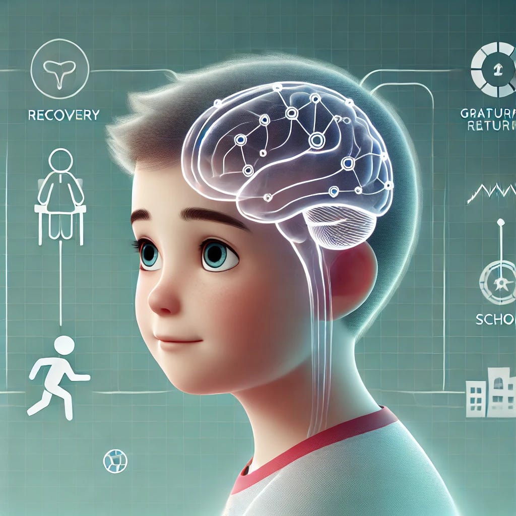 A modern and professional medical illustration of pediatric concussion recovery. The image features a stylized depiction of a young child with a transparent overlay of a simplified brain, highlighting neurons and recovery pathways. The background includes a subtle gradient with icons representing gradual return to activities, such as a school and a sports field, symbolizing reintegration into daily life. The style is clean, positive, and educational, emphasizing scientific progress and health improvement.