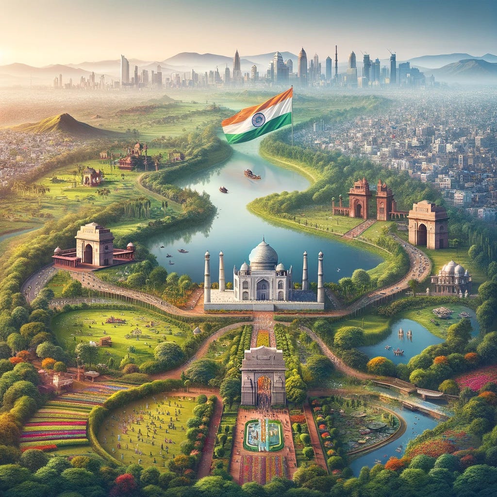A panoramic view of India, closely resembling the previous image, showing a blend of natural and urban landscapes. In the foreground, there are iconic Indian landmarks like the Taj Mahal and the India Gate, amidst lush greenery and vibrant gardens. The middle ground features a scenic view with hills and a lake, reflecting the sky. A modern city skyline is visible in the distance, with skyscrapers and bustling streets. A single large Indian flag is prominently displayed, symbolizing the unity of nature, culture, and modernity in India.
