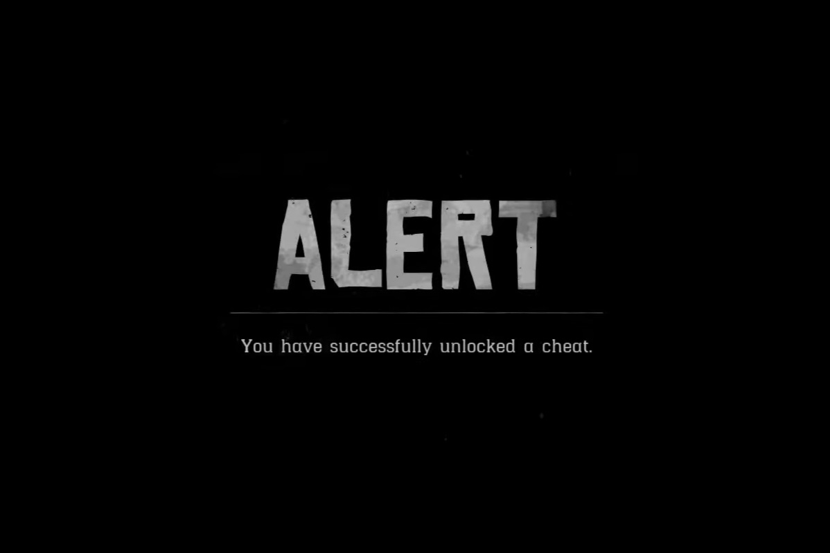 Tela preta com texto “Alert: You have successfully unlocked a cheat.”