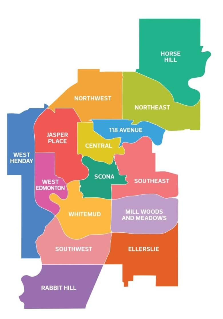 A view of a map of the City of Edmonton, split into 15 different areas in different colours.