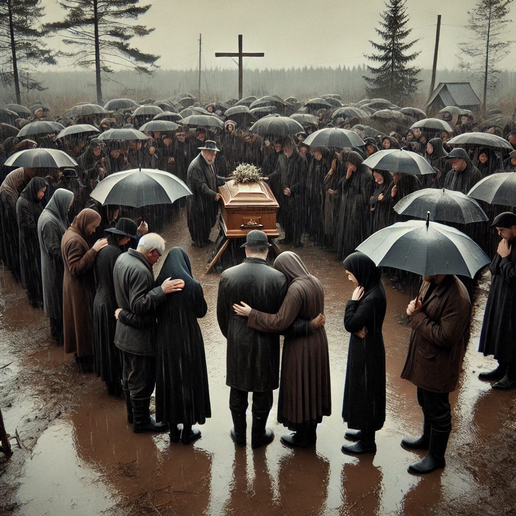 A somber scene of a community gathered together in the rain for a funeral. People of various ages are standing close, wearing dark, rain-soaked clothing, holding black umbrellas. The rain is falling steadily, creating puddles on the ground and softening the edges of the landscape. Some mourners bow their heads while others offer comforting embraces. A simple wooden coffin is visible, with a few flowers placed on top. The setting is outdoors, with tall trees and a muted gray sky in the background, giving the scene a quiet, reflective mood.